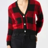 Kurzer Damen-Cardigan mit Schmuckknöpfen und Tartan-Print