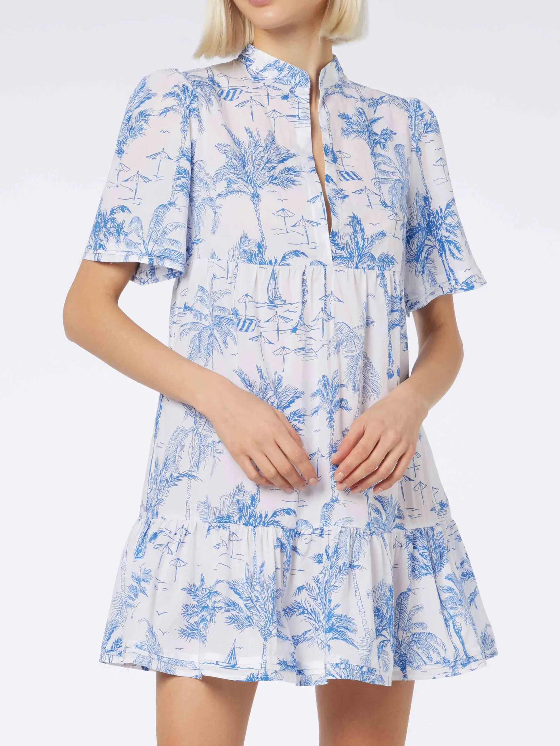 Kurzes Damenkleid aus Baumwoll-Voile Siara mit Toile de Jouy-Print