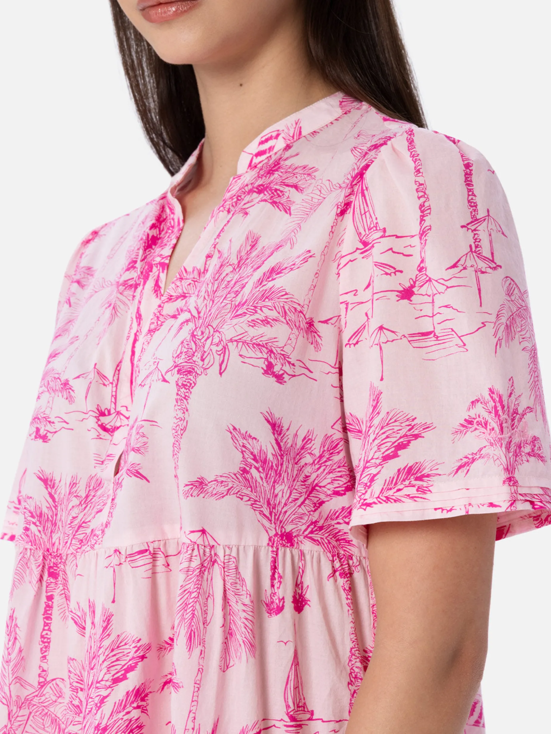Kurzes Damenkleid aus Baumwoll-Voile Siara mit Toile de Jouy-Print