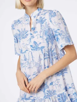 Kurzes Damenkleid aus Baumwoll-Voile Siara mit Toile de Jouy-Print