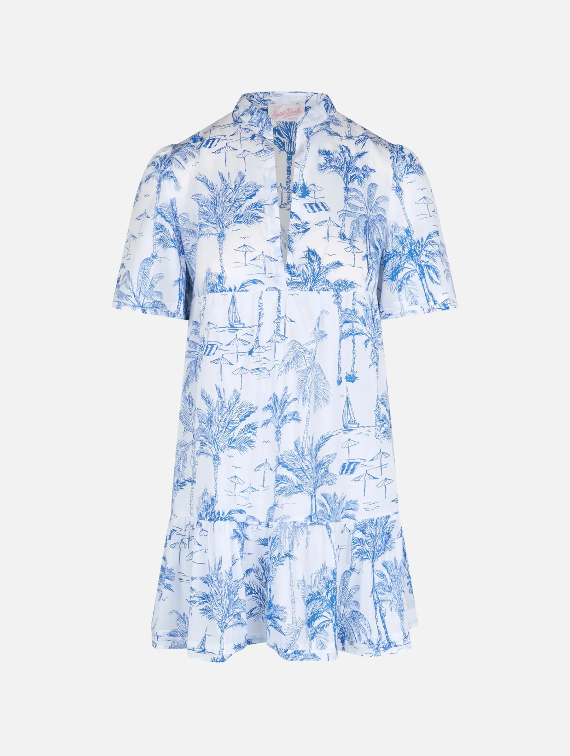 Kurzes Damenkleid aus Baumwoll-Voile Siara mit Toile de Jouy-Print