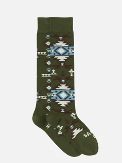 Lange Herrensocken mit beigem und blauem ethnischem Muster