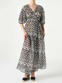 Langes Kleid Bliss aus Baumwolle und Seide mit Ikat-Print