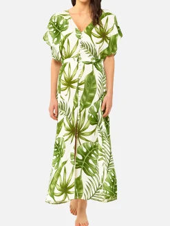 Langes Kleid mit tropischem Blätter-Print