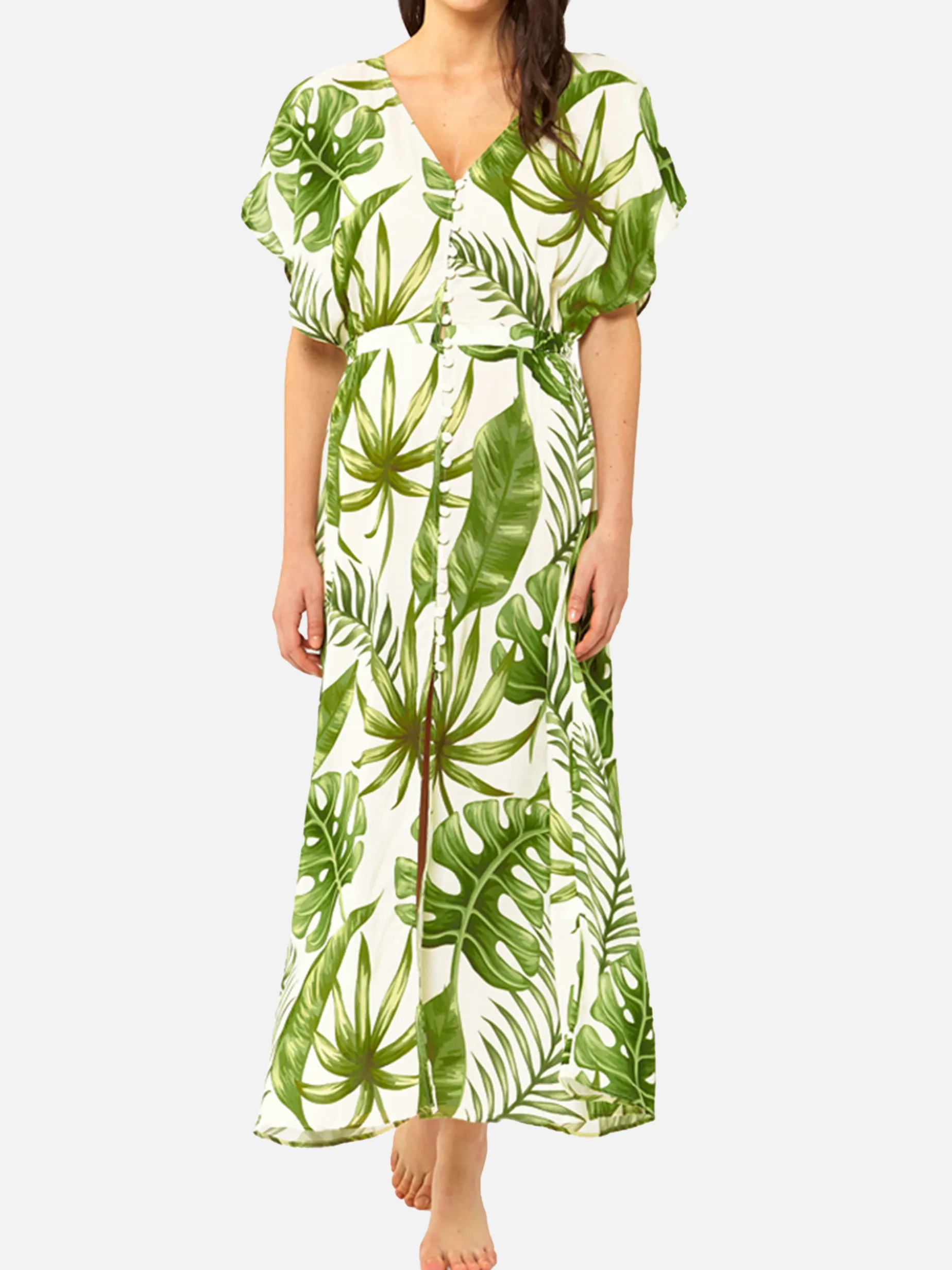 Langes Kleid mit tropischem Blätter-Print