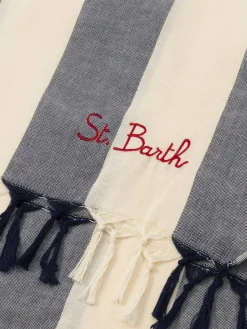 Leichtes Baumwoll-Strandtuch Fouta mit marineblauem Streifendruck