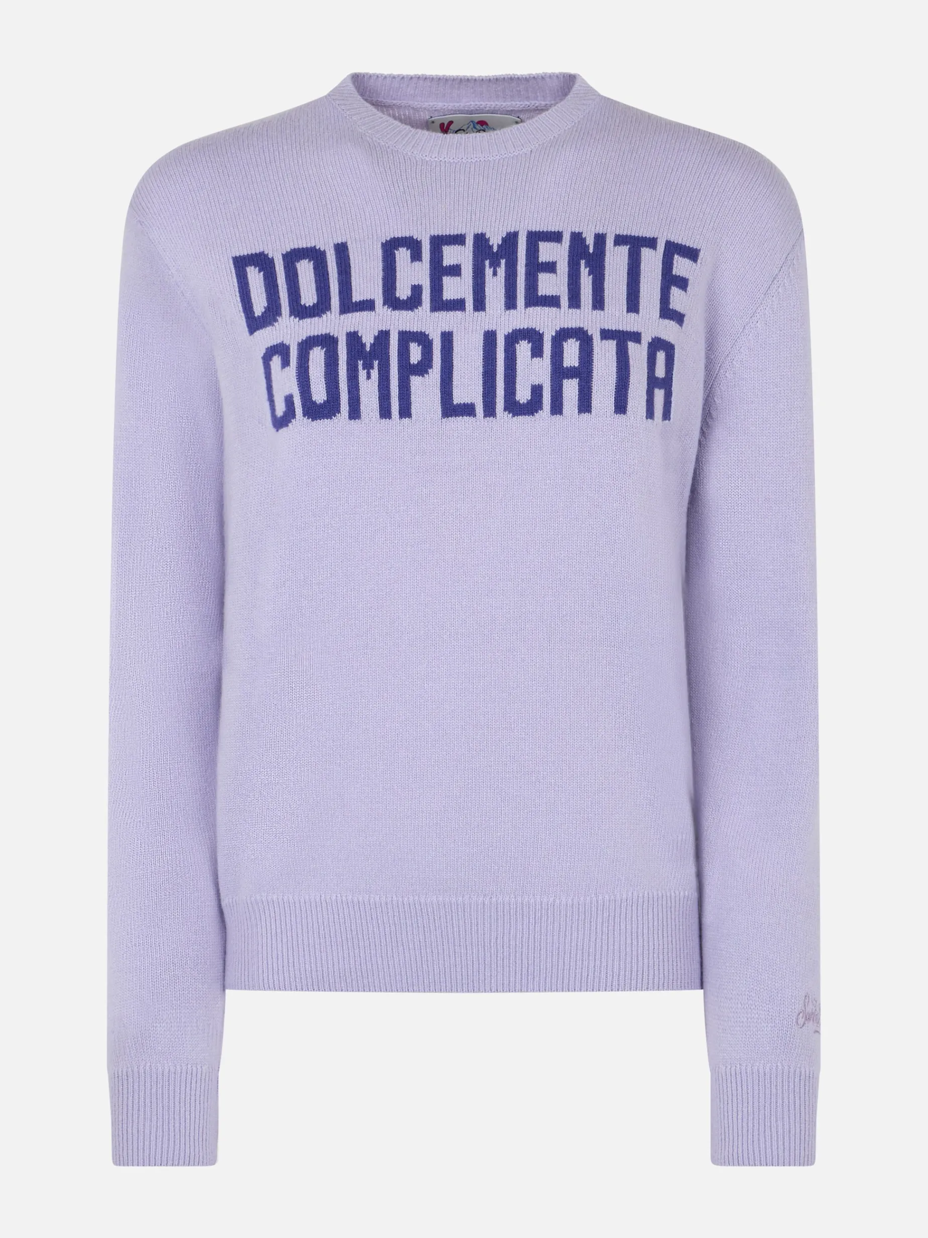 Lila Damenpullover New Queen mit Dolcemente Complicata-Print