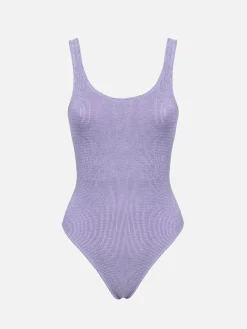 Lilafarbener Damen-Badeanzug in Crinkle-Optik aus Lurex Lora
