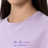 Lilafarbenes Rundhals-T-Shirt Emilie aus Baumwolljersey für Damen mit Stickerei „Non ho niente da mettere“