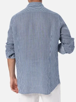 Marineblau gestreiftes Leinenhemd für Herren Pamplona
