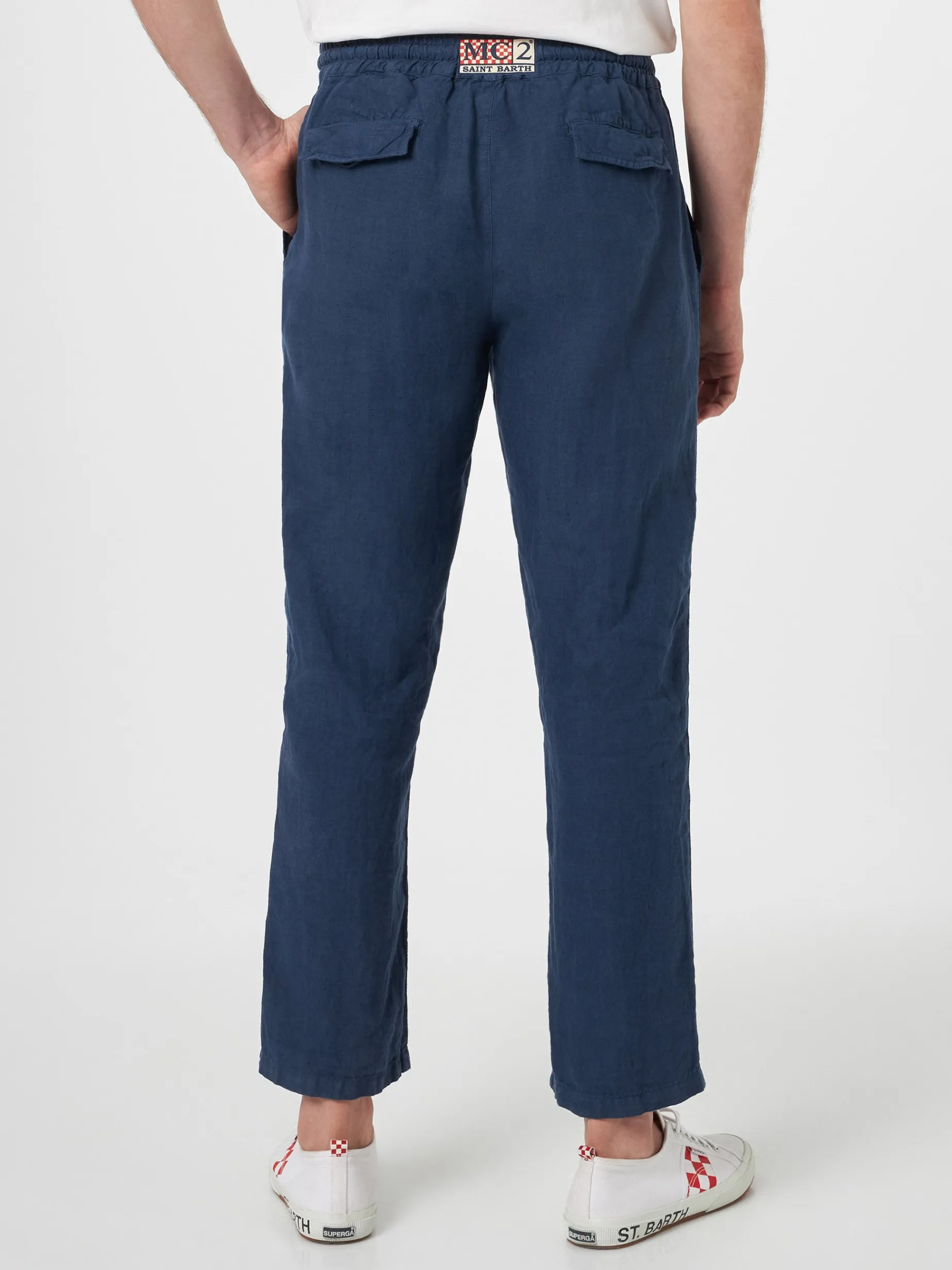 Marineblaue Calais-Hose für Herren aus Leinen mit Kordelzug