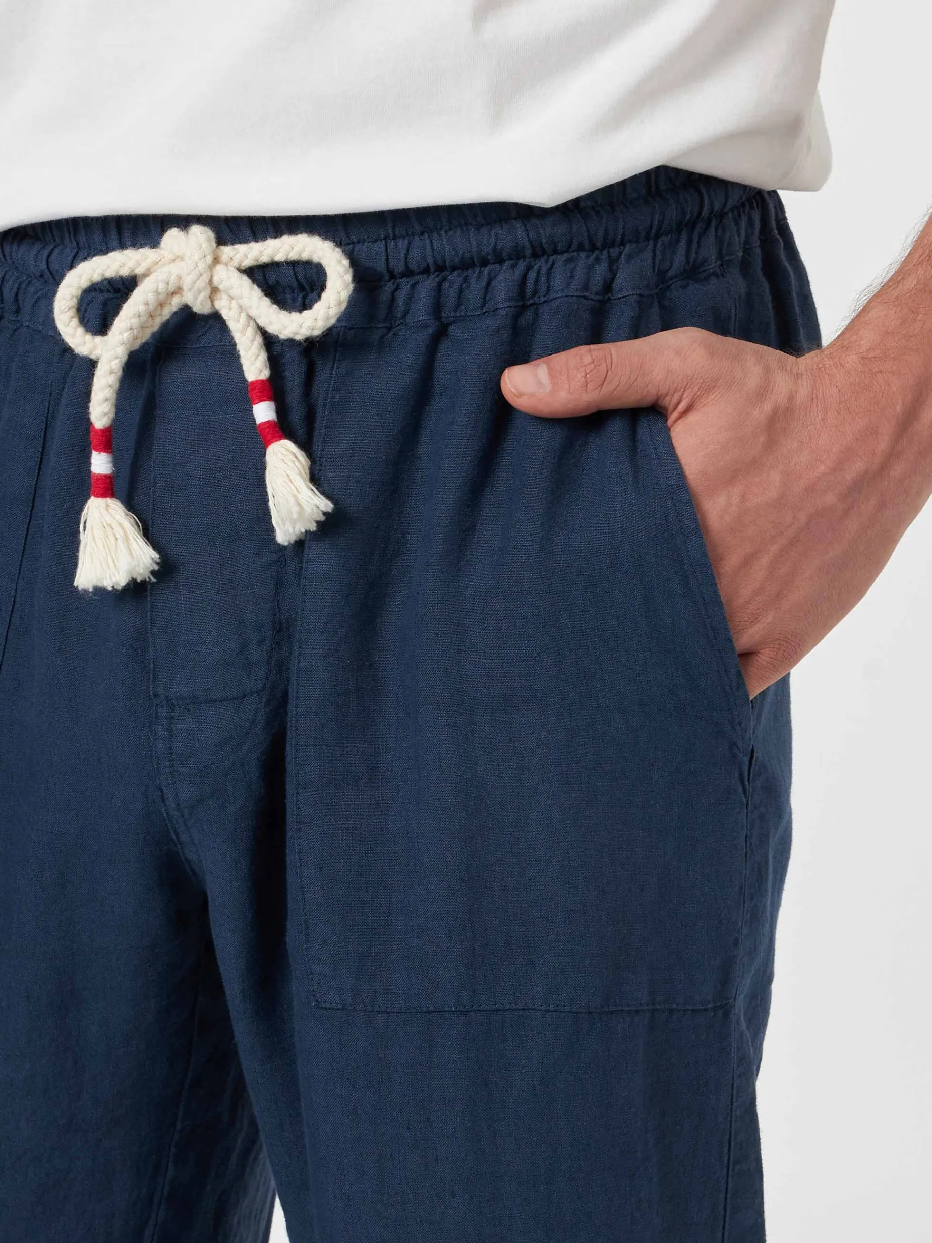 Marineblaue Calais-Hose für Herren aus Leinen mit Kordelzug