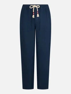 Marineblaue Calais-Hose für Herren aus Leinen mit Kordelzug