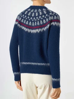 Marineblauer Damen-Pullover aus nordischem Jacquard mit Rundhalsausschnitt
