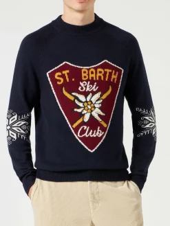 Marineblauer Herrenpullover mit halbem Rollkragen und Aufdruck