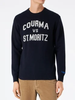 Marineblauer Herrenpullover mit Courma vs. St. Moritz-Aufdruck