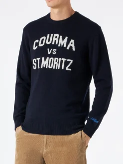 Marineblauer Herrenpullover mit Courma vs. St. Moritz-Aufdruck