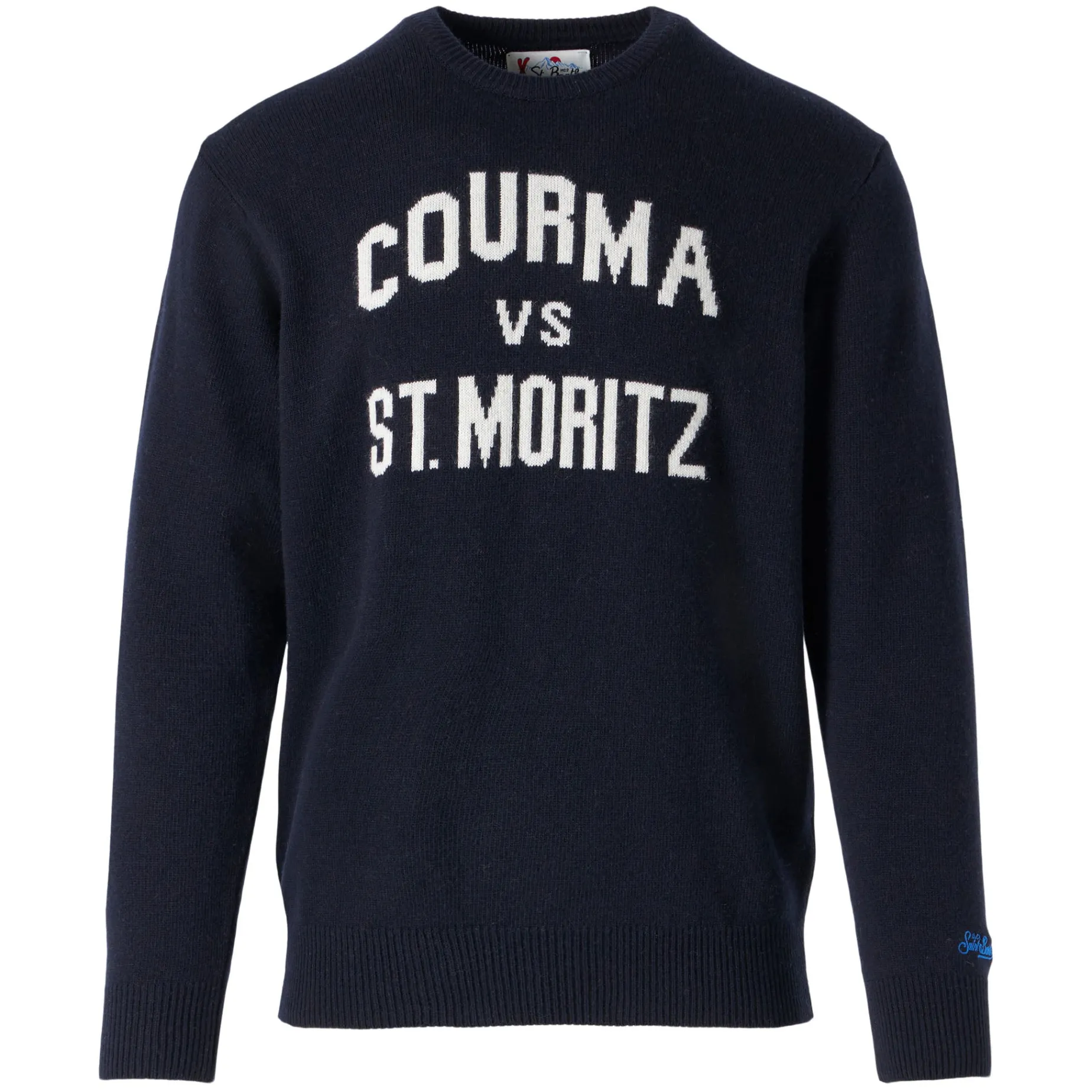 Marineblauer Herrenpullover mit Courma vs. St. Moritz-Aufdruck