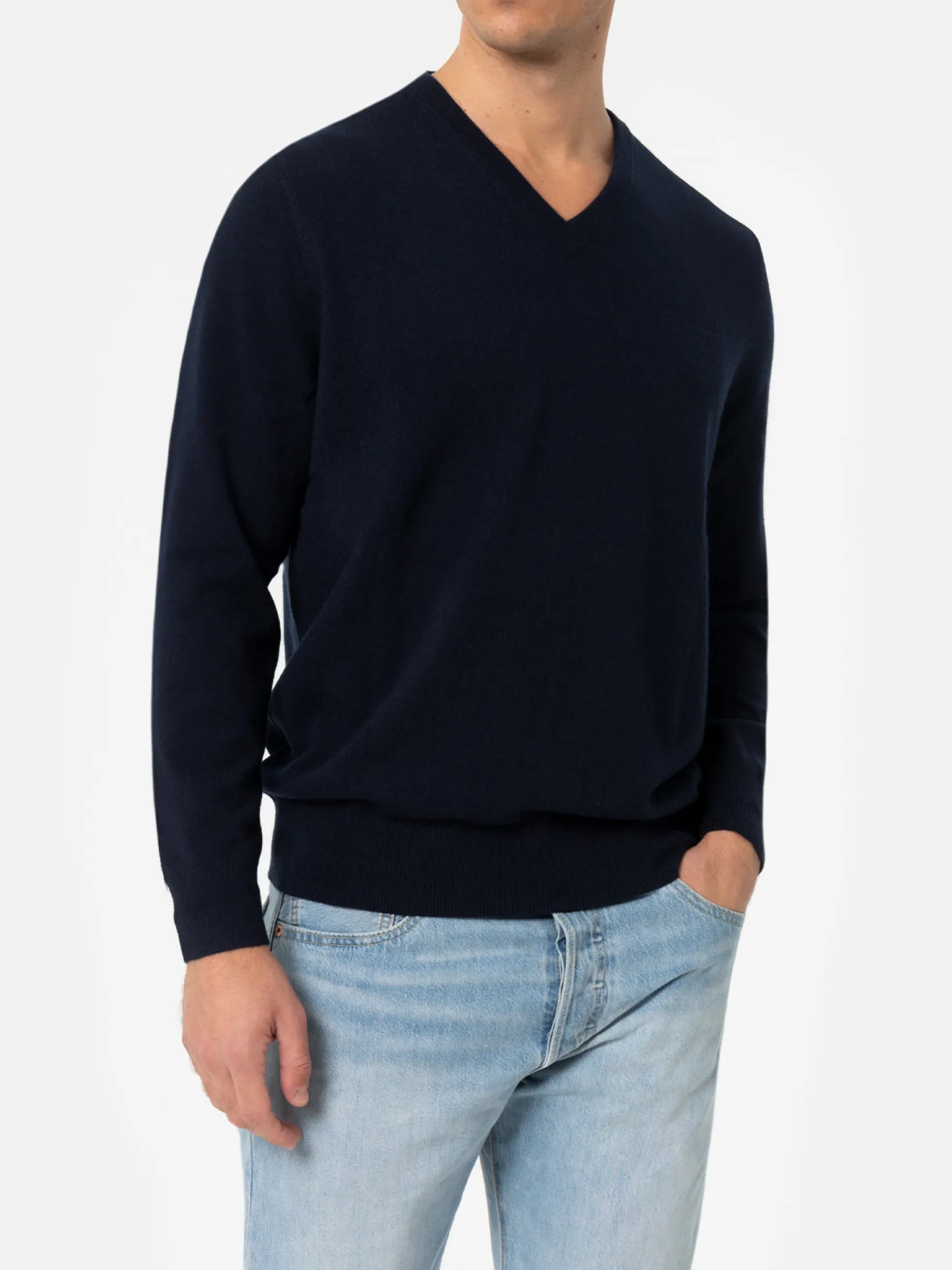 Marineblauer Pullover aus Kaschmirmischung mit V-Ausschnitt für Herren Regent