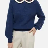 Marineblauer Rippenpullover Calia für Damen mit Schottenmusterkragen und Schleife