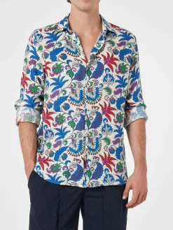 Marineblaues Herren-Leinenhemd Pamplona mit Blumendruck