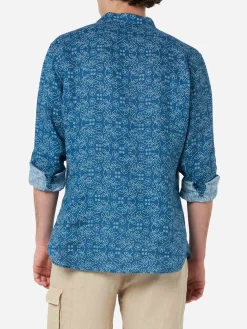 Marineblaues Herren-Leinenhemd Pamplona mit Sashiko-Aufdruck