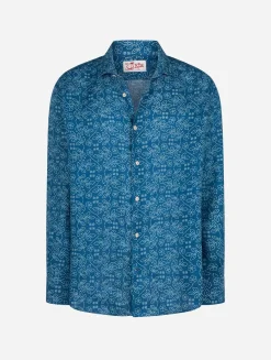 Marineblaues Herren-Leinenhemd Pamplona mit Sashiko-Aufdruck