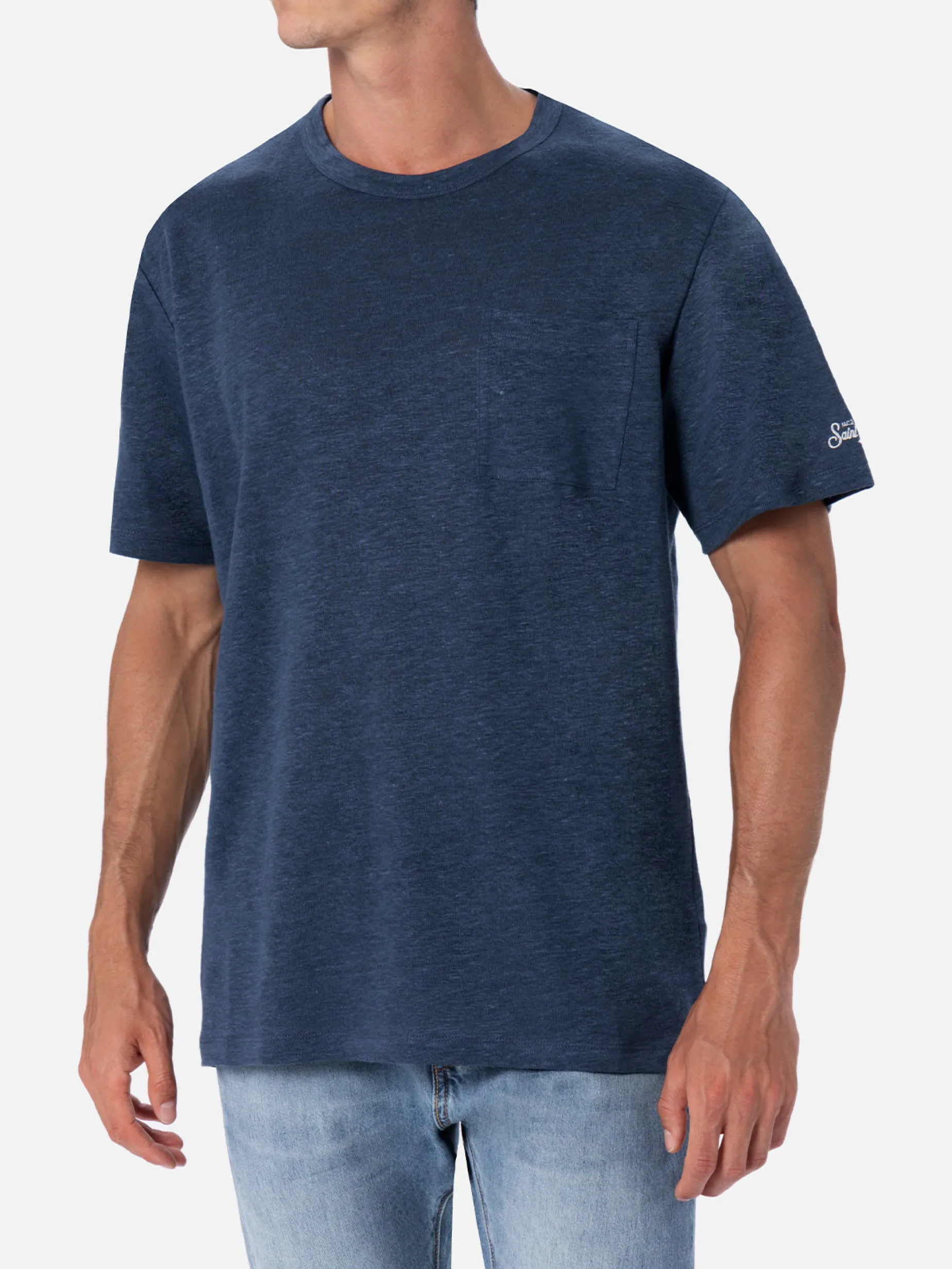 Marineblaues Leinenjersey-T-Shirt Ecstasea für Herren mit Tasche