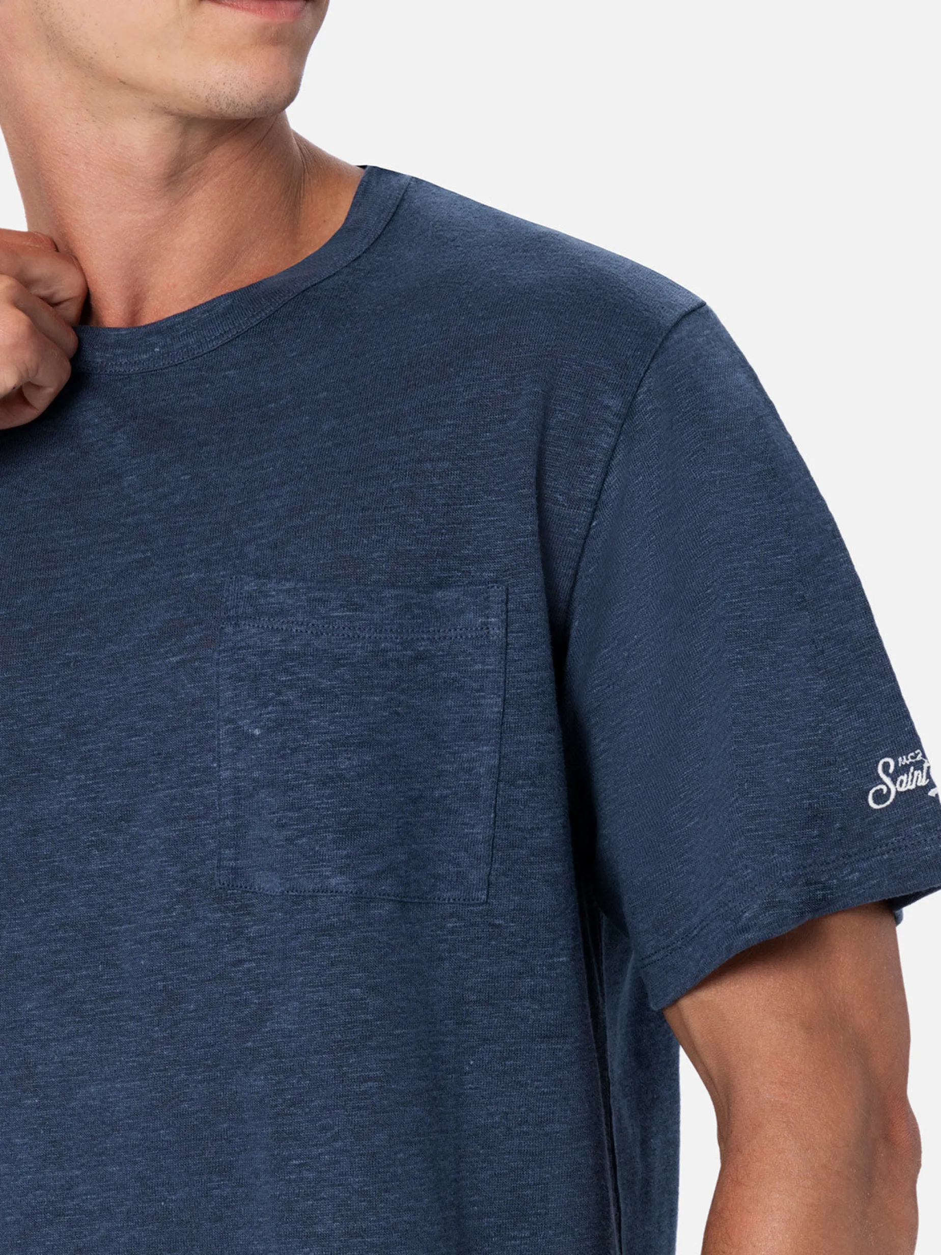 Marineblaues Leinenjersey-T-Shirt Ecstasea für Herren mit Tasche