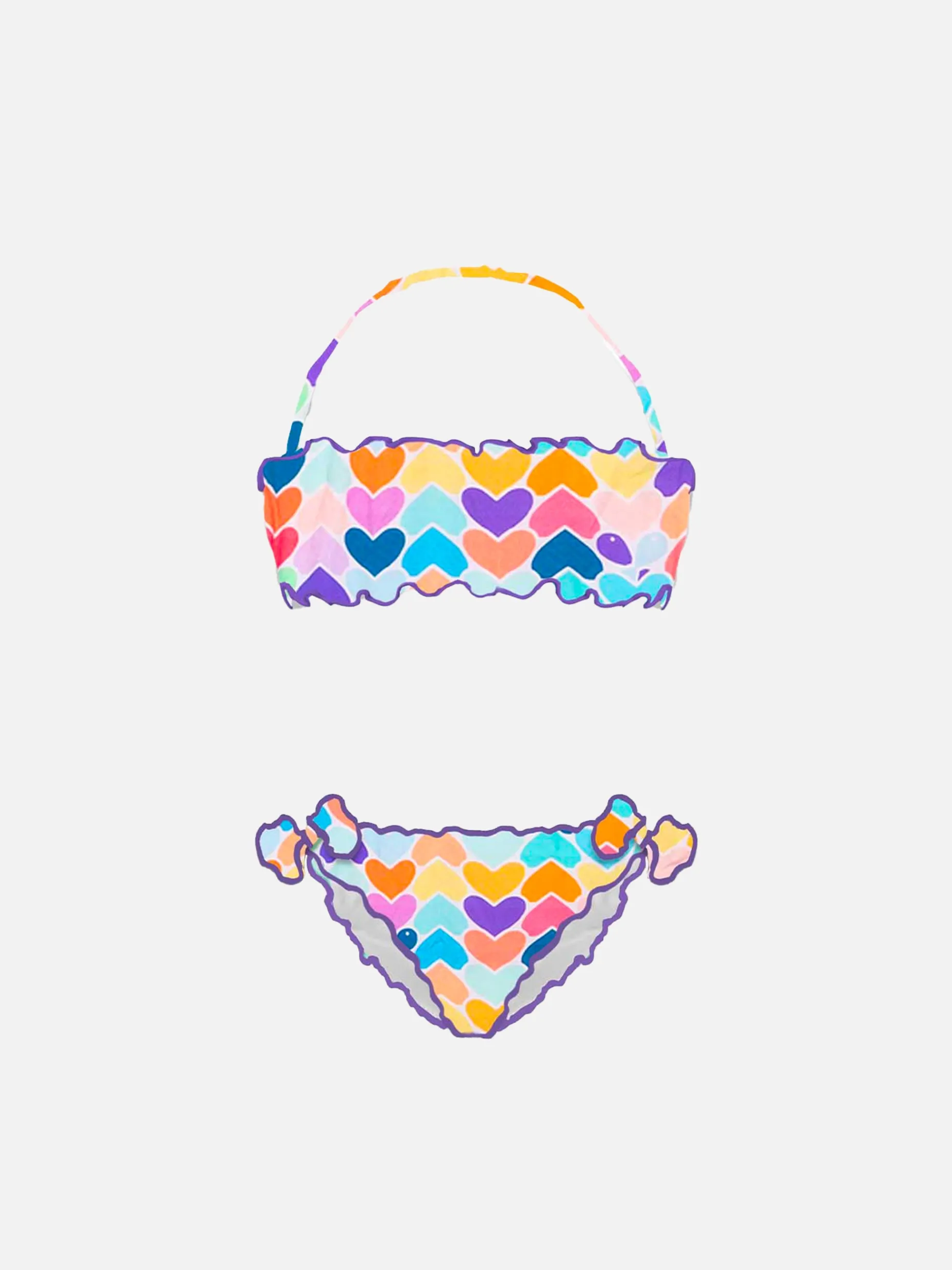 Mädchen-Bandeau-Bikini mit mehrfarbigem Herz-Print