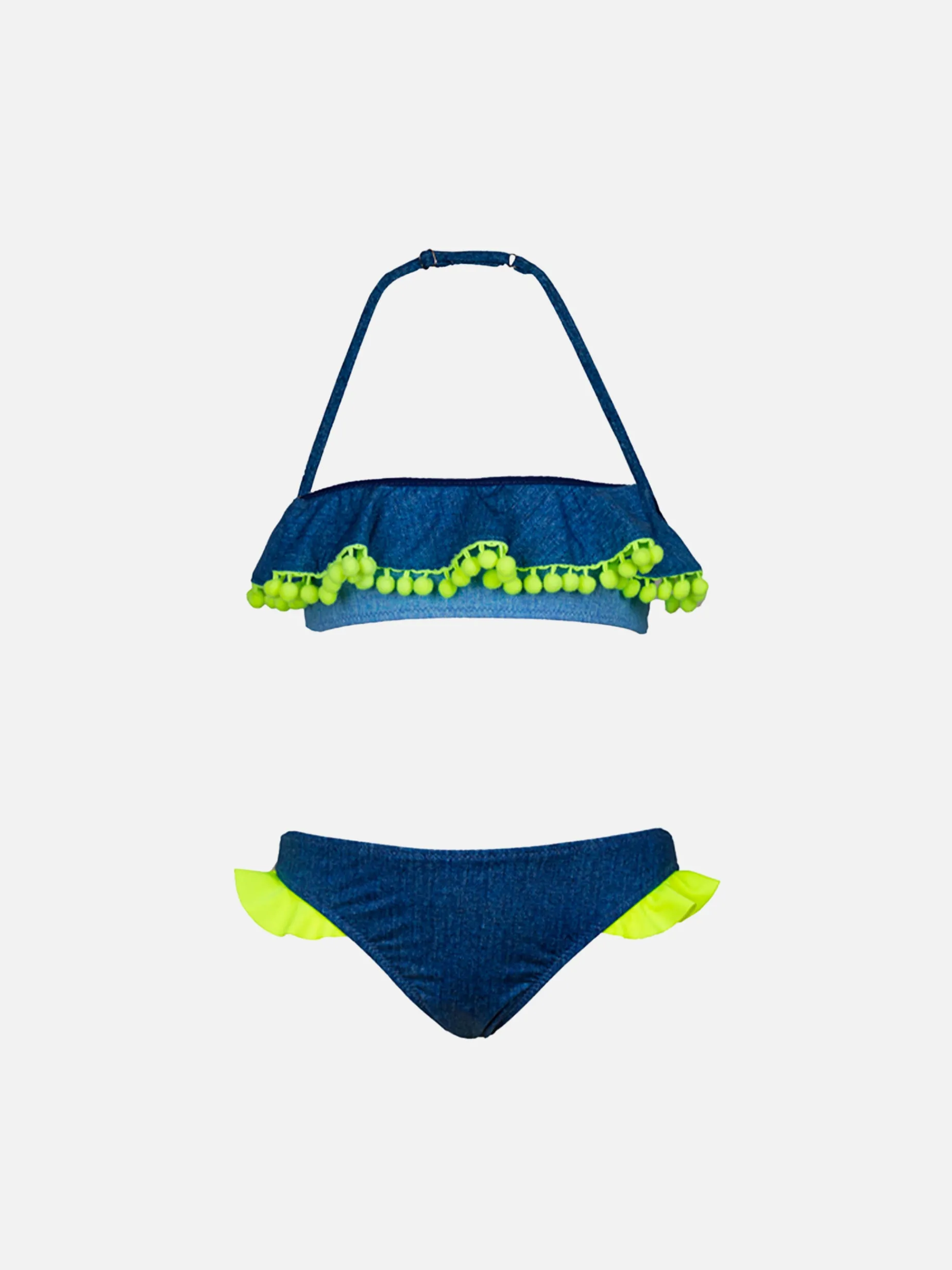 Mädchenbikini mit fluoreszierenden Pompons in Gelb