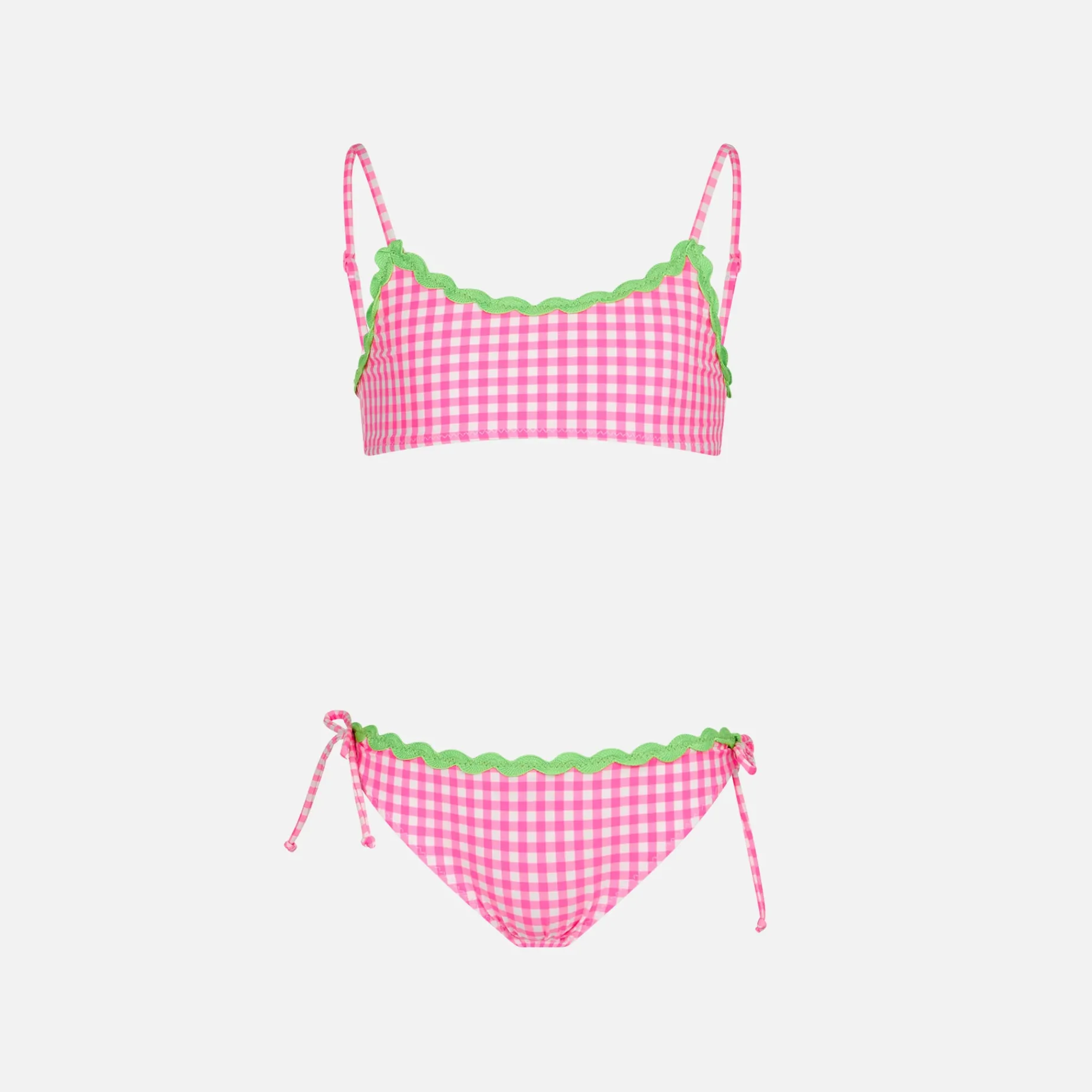 Mädchen-Bralette-Bikini mit Vichy-Muster in Weiß und Fuchsia