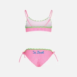 Mädchen-Bralette-Bikini mit Vichy-Muster in Weiß und Fuchsia