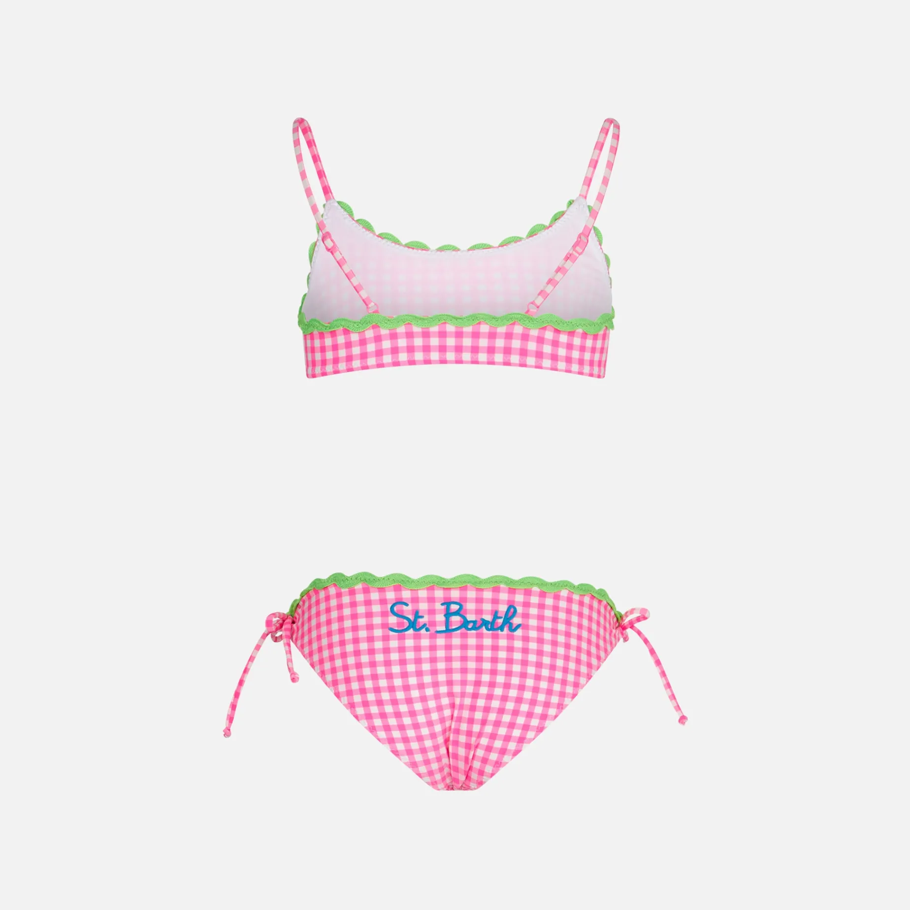 Mädchen-Bralette-Bikini mit Vichy-Muster in Weiß und Fuchsia