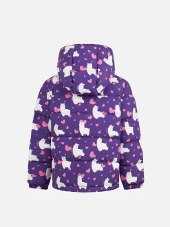 Mädchen-Daunenjacke mit Kapuze und Alpaka- und Herz-Print