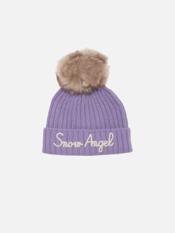 Mädchenmütze mit Bommel und Snow Angel-Stickerei