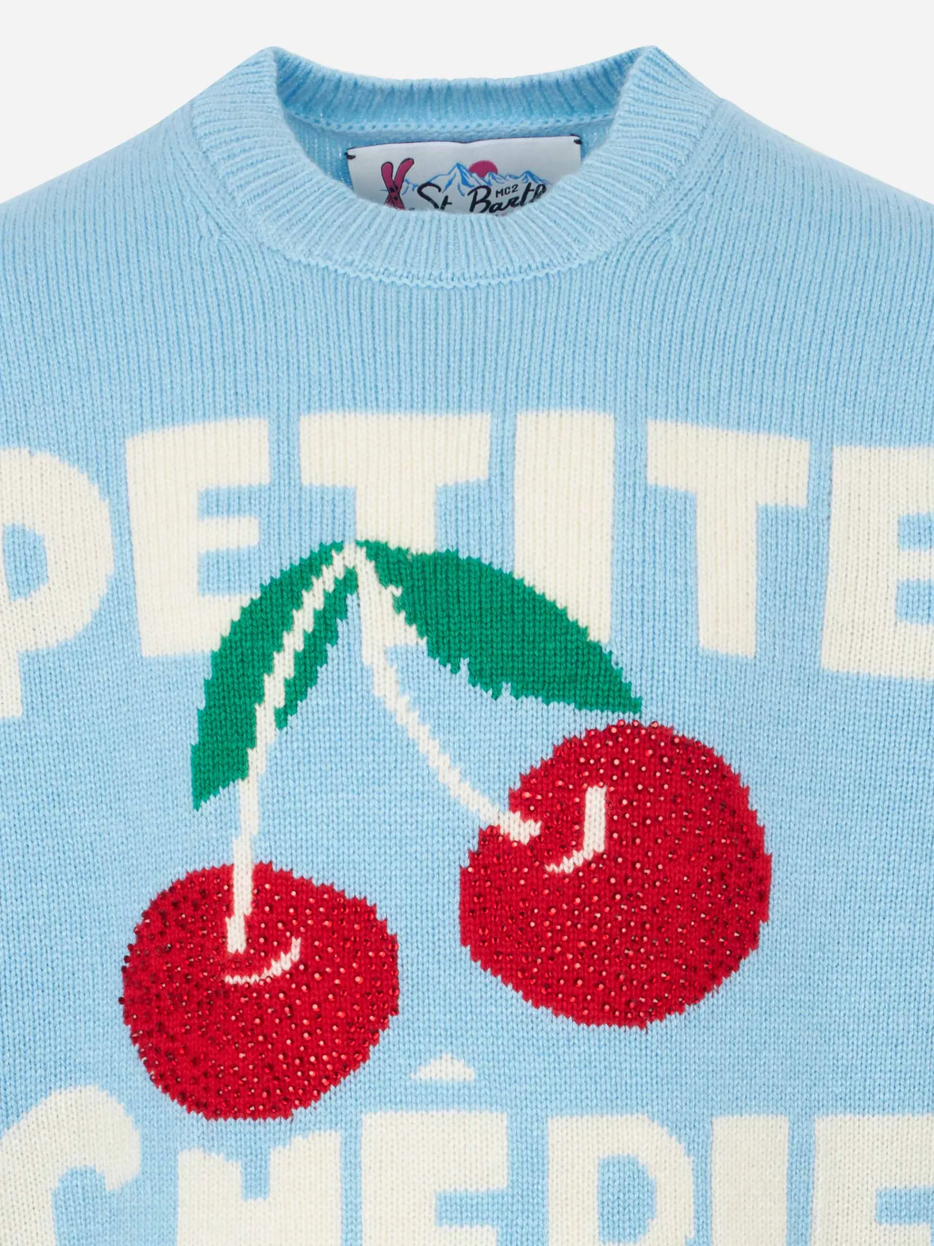 Mädchen-Pullover mit Rundhalsausschnitt und Kirsch-Strass-Print