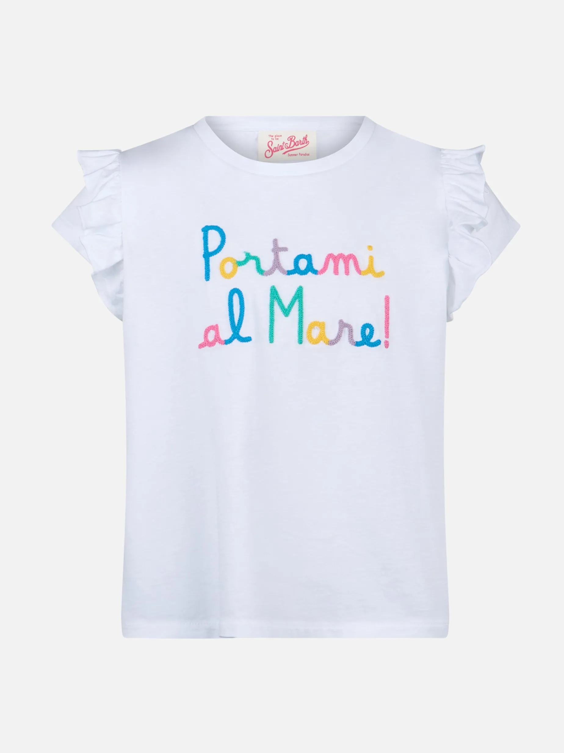 Mädchen-T-Shirt aus Baumwolle mit Volant und Stickerei