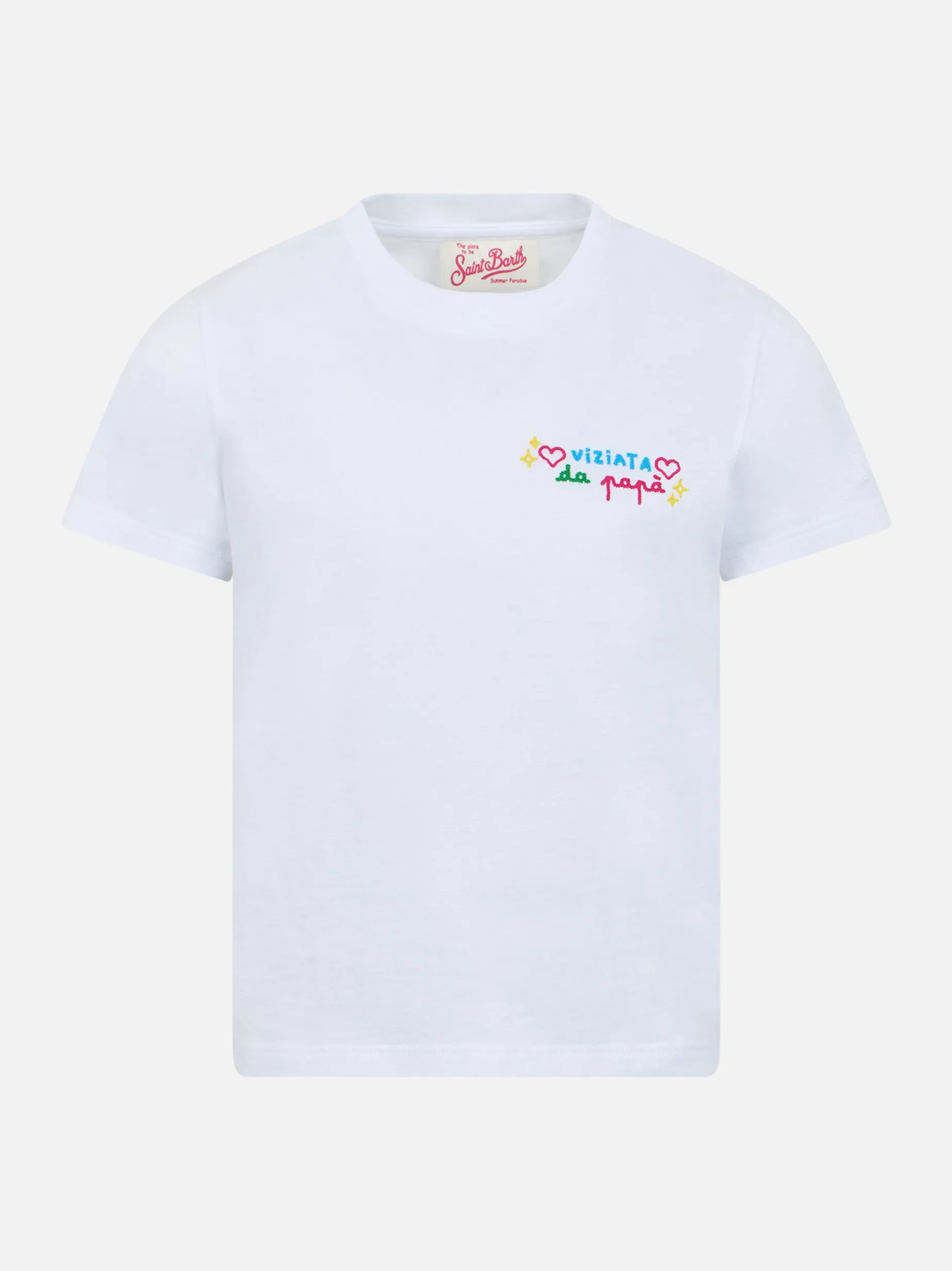 Mädchen-T-Shirt Elly aus Baumwolljersey mit Rundhalsausschnitt und Viziata da papà-Stickerei