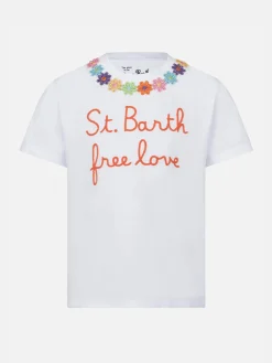 Mädchen-T-Shirt mit Gänseblümchen-Stickerei und Aufnäher