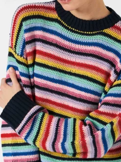 Mehrfarbig gestreifter Häkelpullover für Damen