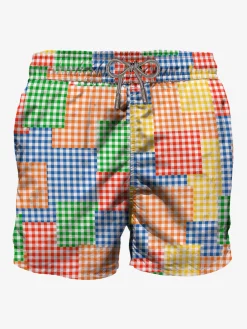 Mehrfarbige Herren-Badeshorts mit Gingham-Karomuster