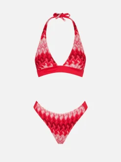 Mehrfarbiger roter Chevron-Strick-Triangel-Bikini