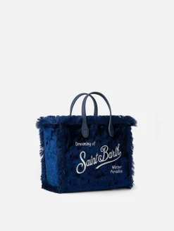 Mini Vanity – marineblaue Samthandtasche mit silbernen Punkten