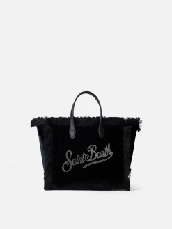 Mini Vanity Handtasche aus schwarzem Samt mit Saint Barth-Strass-Logo