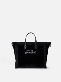Mini Vanity Handtasche aus schwarzem Samt mit Saint Barth-Strass-Logo