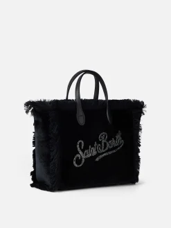 Mini Vanity Handtasche aus schwarzem Samt mit Saint Barth-Strass-Logo