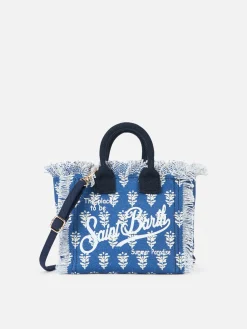 Mini-Kosmetiktasche aus Baumwollcanvas mit indigoblauem Blumendruck