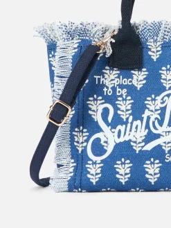 Mini-Kosmetiktasche aus Baumwollcanvas mit indigoblauem Blumendruck