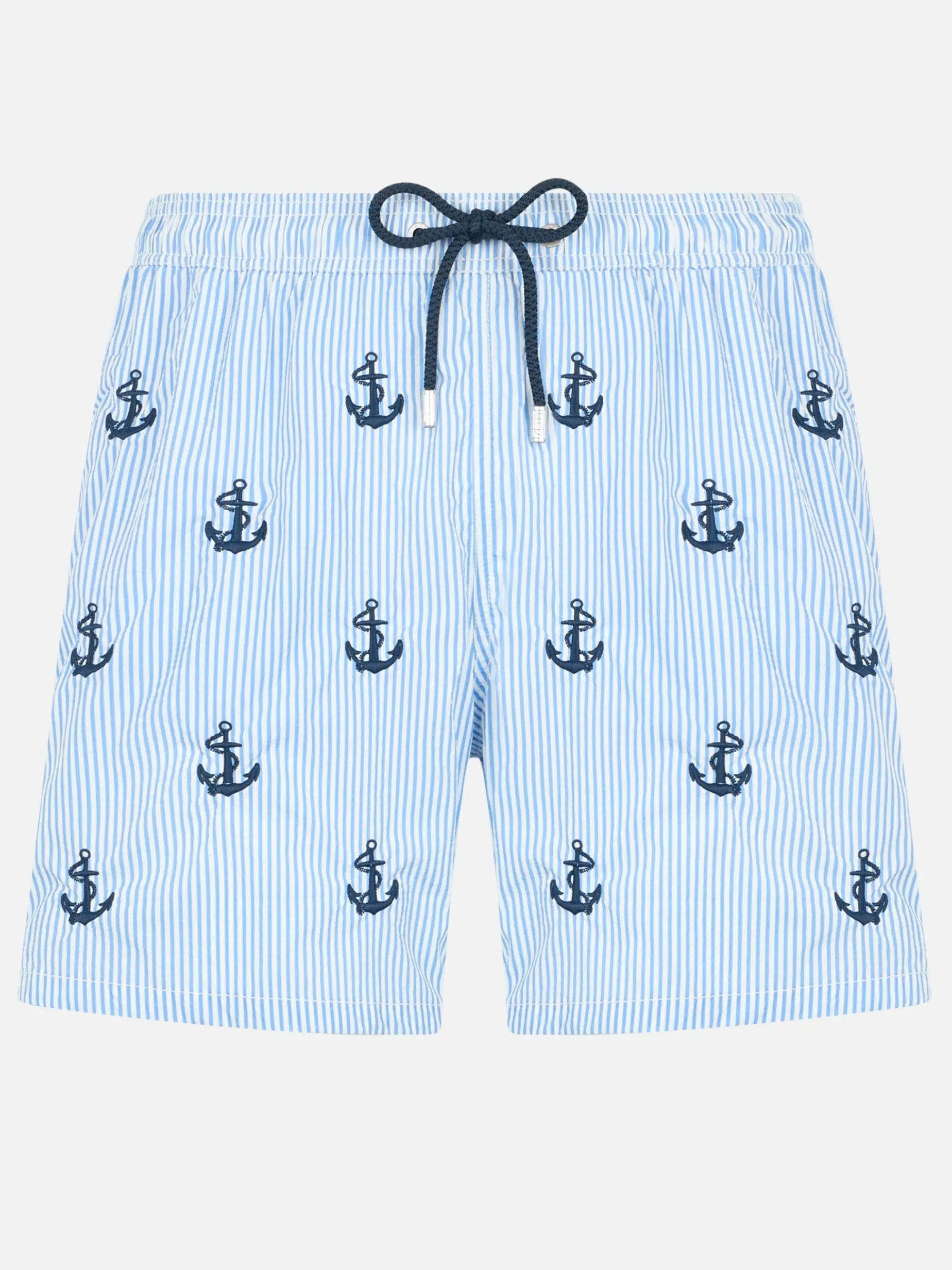 Mittellange Badeshorts für Herren aus Seersucker „Gustavia“ mit Ankerstickerei